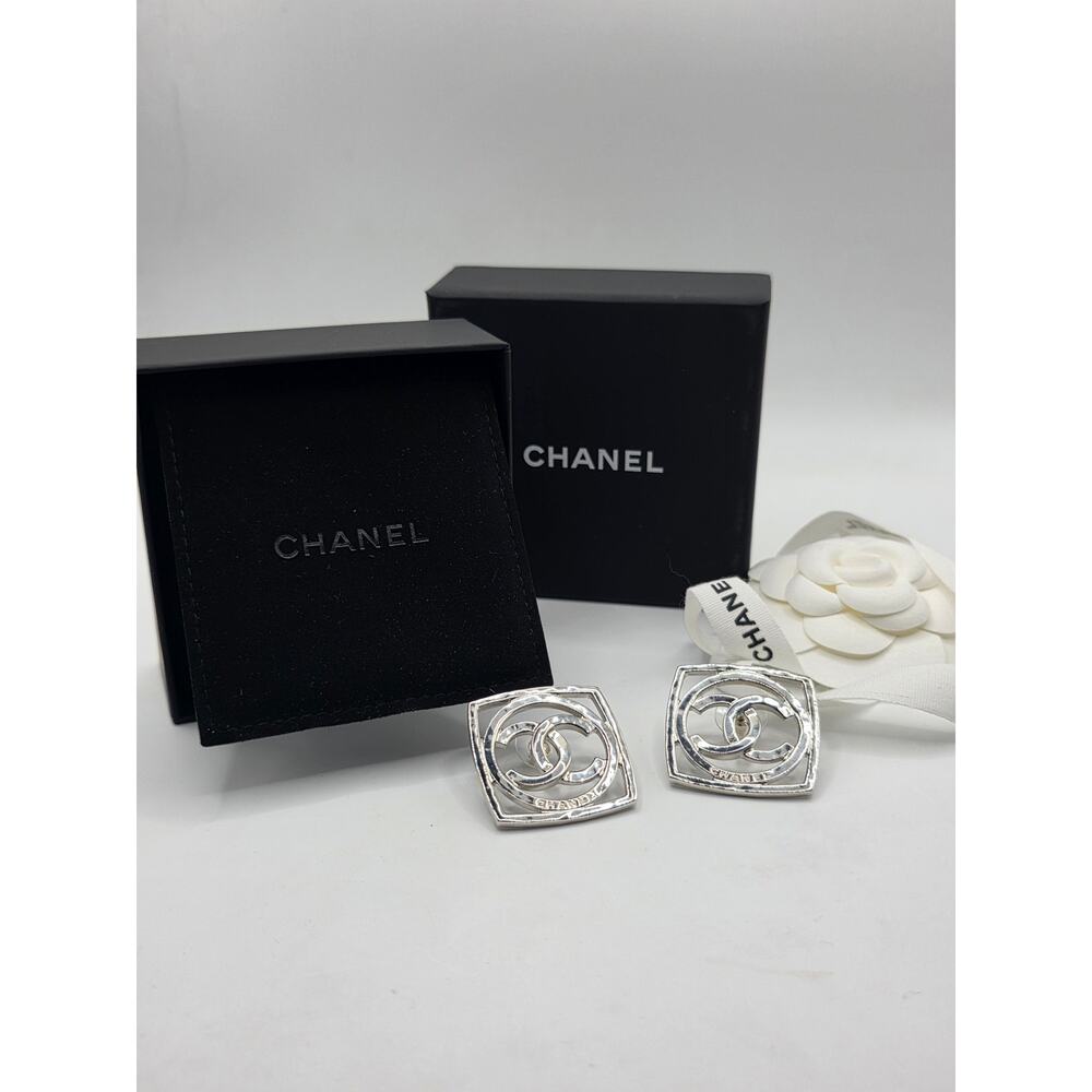 Chanel Silver-Tone Interlocking Cc Square Stud Ea… - image 2